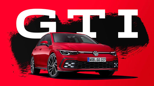 A red Volkswagen GTI Mk8 on a red background