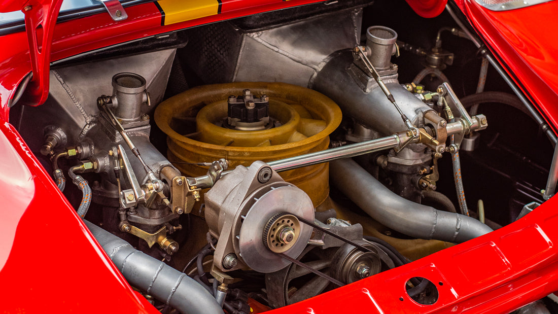 Twin-turbo flat-six engine of a Porsche 935 race car